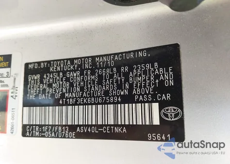 2011 Toyota Camry Le from USA, damaged, VIN 4T1BF3EK6BU675894
